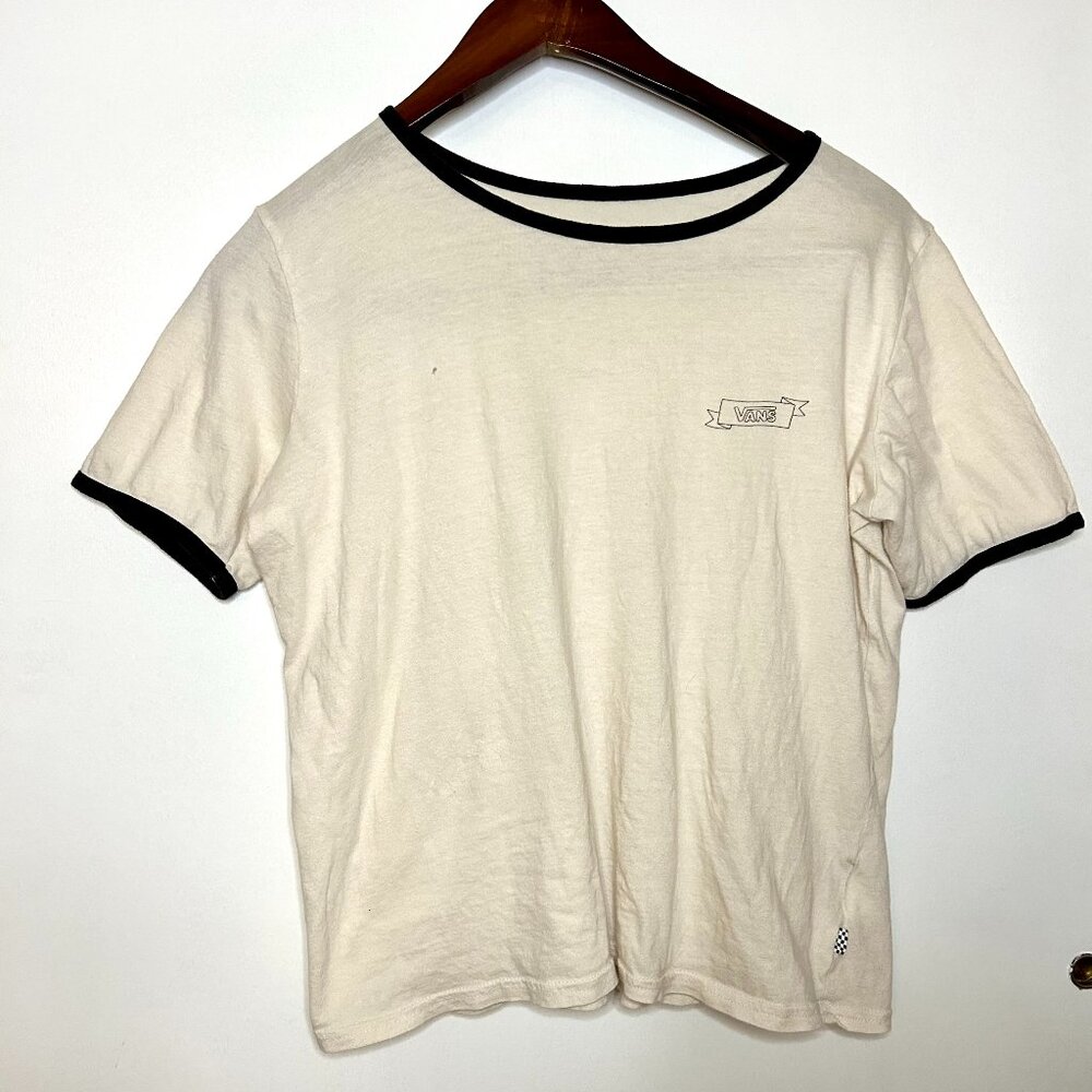 Vintage Vans Skater Off-white Tee Super Soft 100% cotton Kids XL Black Piping